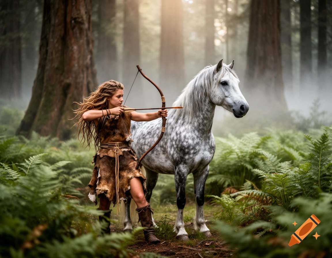 A young woman in a fur outfit, holding a bow and arrow, stands next to a white dappled gray horse in a misty forest.