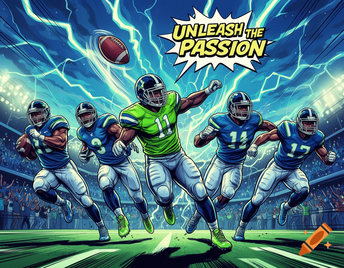 Comic book style illustration of football players running with a football under a lightning-filled sky, with 'UNLEASH THE PASSION' text.