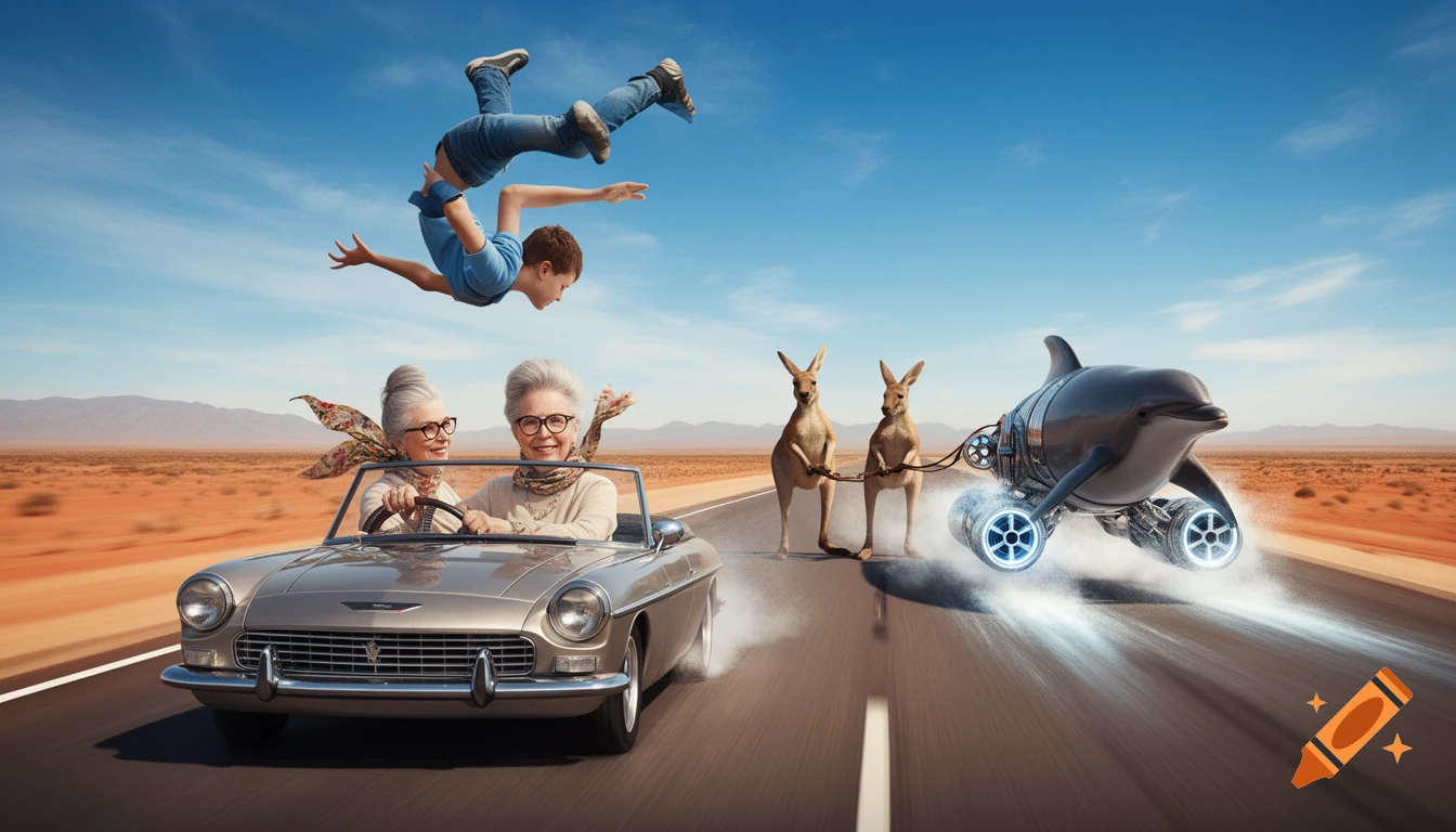 Two grandmothers drive a vintage car while a boy does backflips overhead. Two kangaroos pull a jet-powered dolphin on a desert highway.