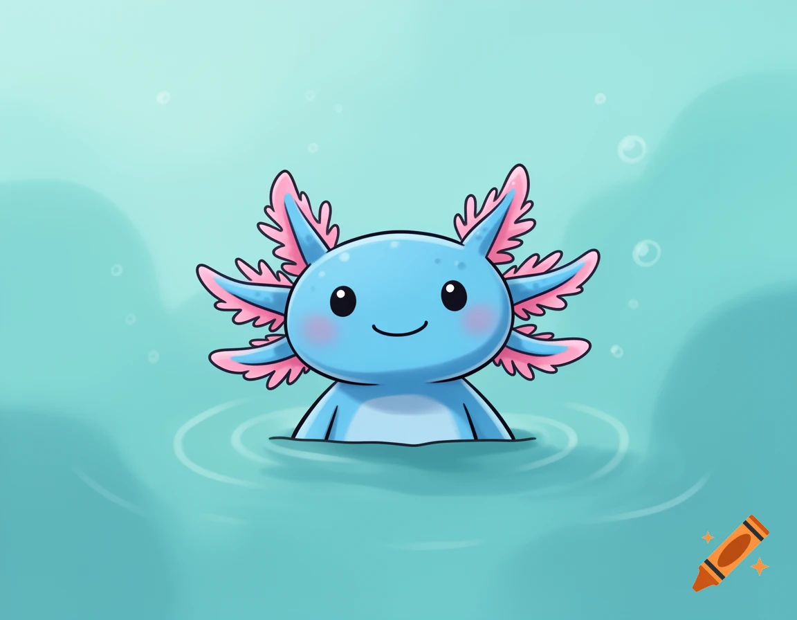 Cartoon blue axolotl with pink gills peeking out of light blue water with ripples.