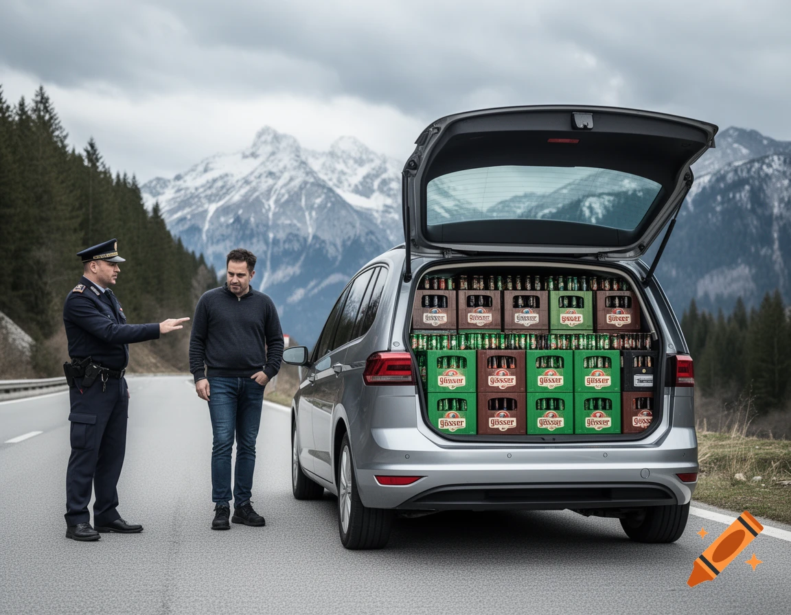 A police officer talks to a man next to a silver car with its trunk full of beer crates, on a mountain road.
