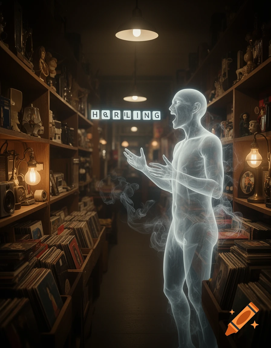 A translucent ghost figure gestures in a dimly lit vintage record store, with an illuminated sign reading "H&RLING".
