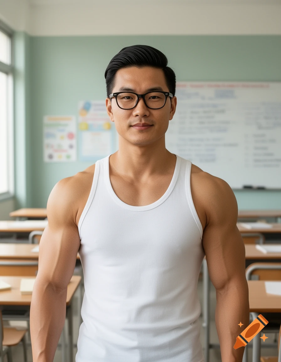 A muscular Asian man wearing glasses and a white tank top stands in a classroom.