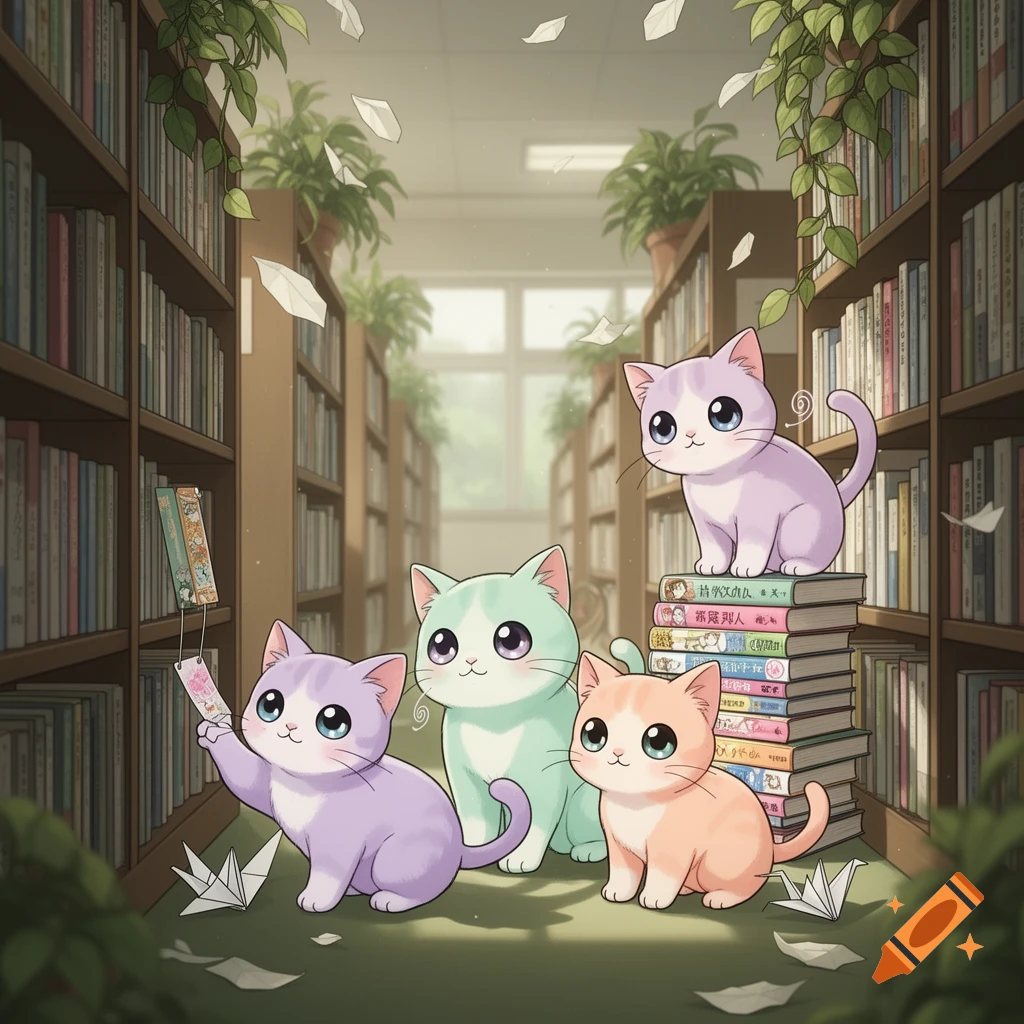 Cute cartoon cats in a school library, with one cat on a stack of books and another looking at a book, in an anime style.