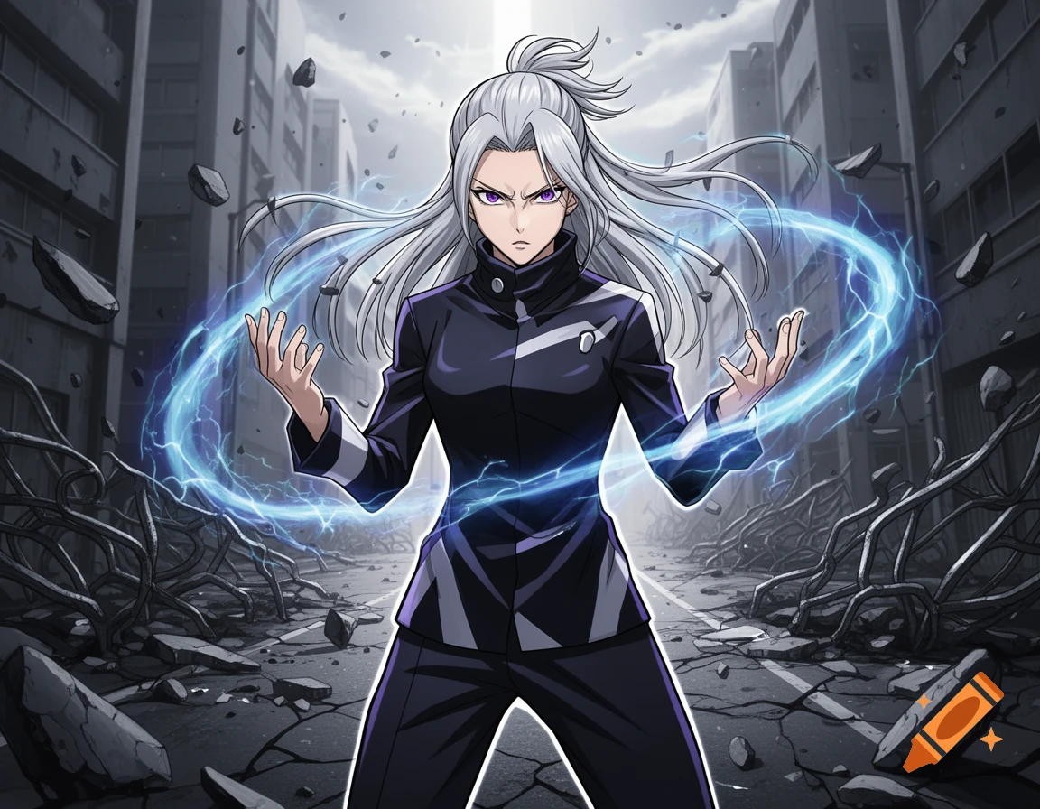 An anime character with silver hair and purple eyes in a dark uniform wields blue electricity in a ruined city.