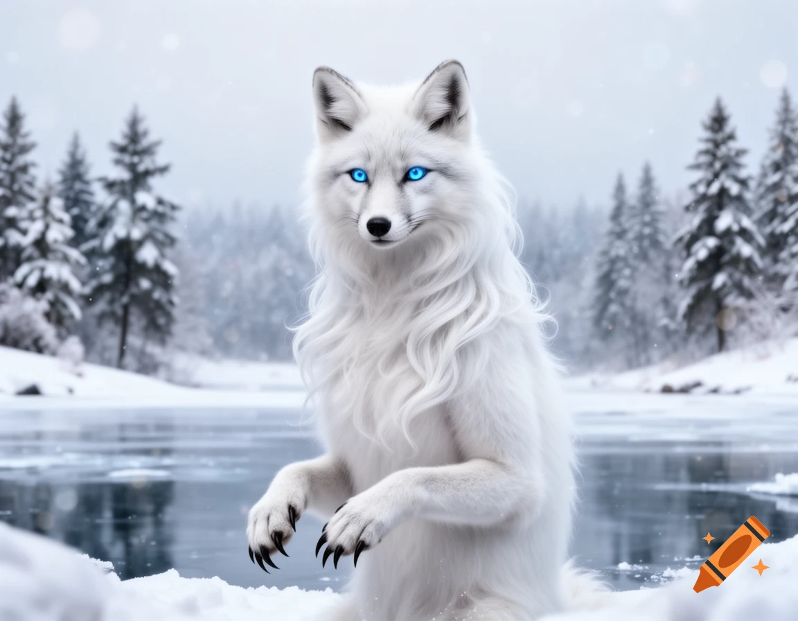 A majestic white fox-like creature with striking blue eyes stands on its hind legs in a snowy winter forest with a frozen lake.