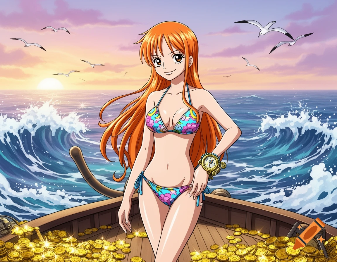 Nami from One Piece in a colorful bikini on a boat full of gold coins, sailing at sunset on a wavy ocean with seagulls flying.