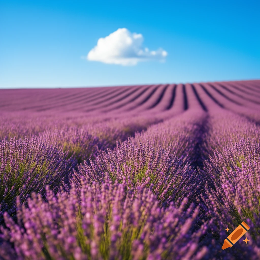 A vibrant purple lavender field stretches under a bright blue sky with a single white cloud.