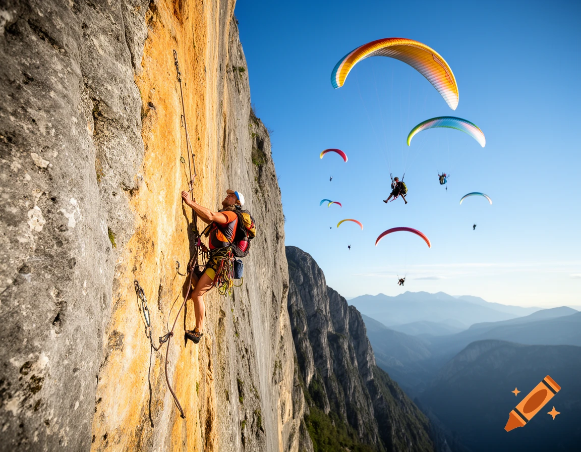 A rock climber ascends a cliff while multiple paragliders fly in the sky above a mountainous landscape, clear blue sky.