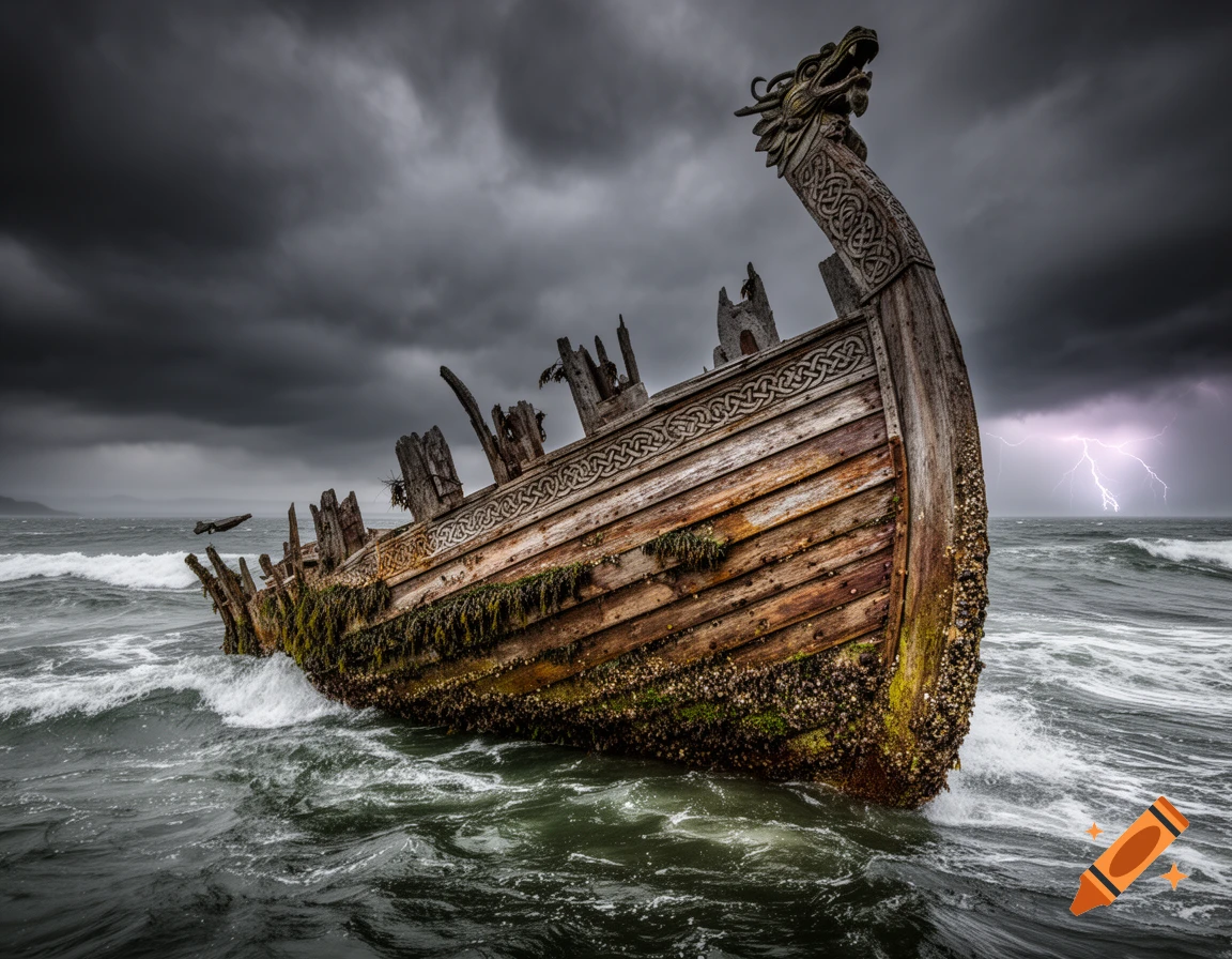 Dilapidated wooden Viking longship with a dragon figurehead, half-submerged in a stormy ocean with lightning.