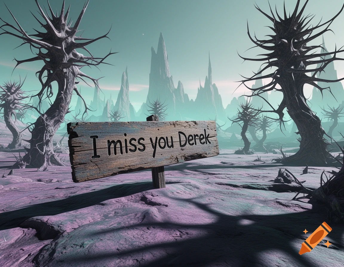 A wooden sign reading 'I miss you Derek' on a desolate alien planet with spiky trees and jagged mountains.