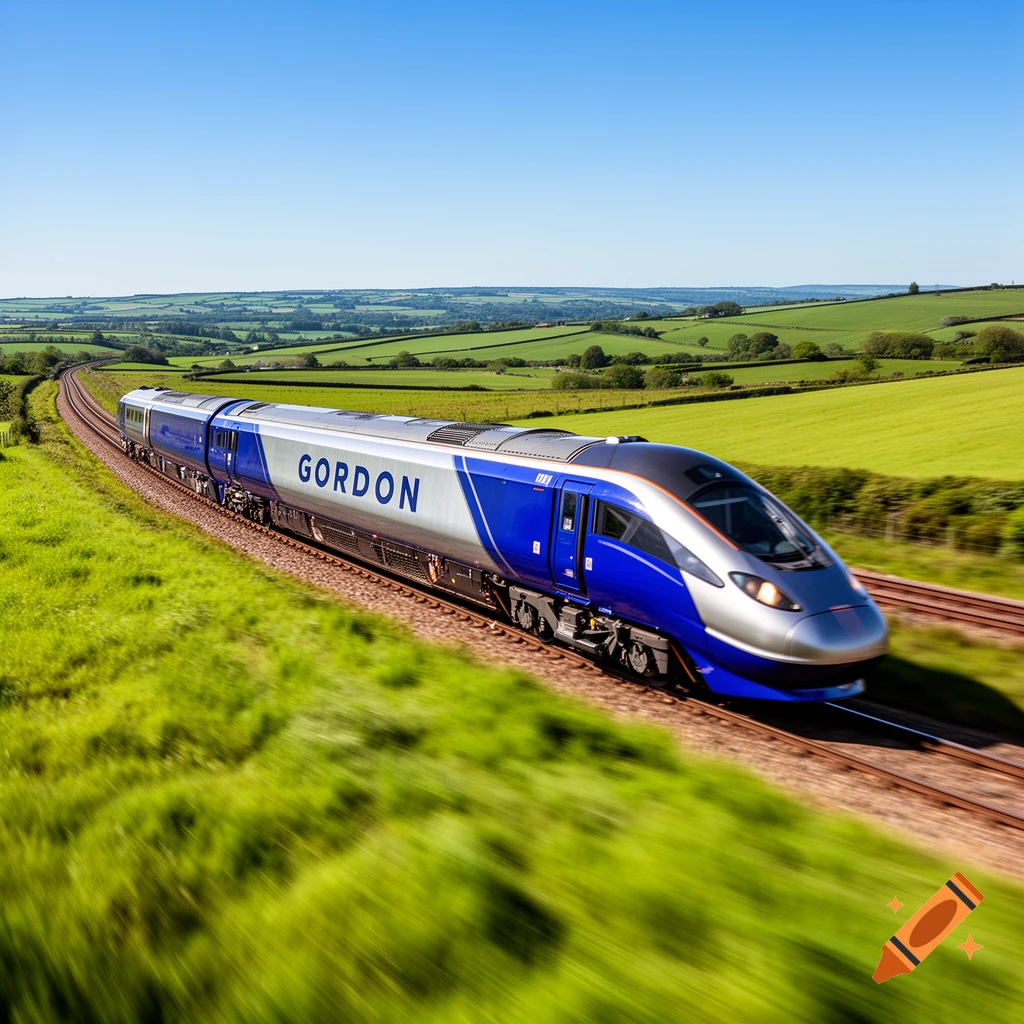 A blue and silver high-speed train with 'GORDON' written on its side speeds through a vibrant green rural landscape under a clear blue sky.