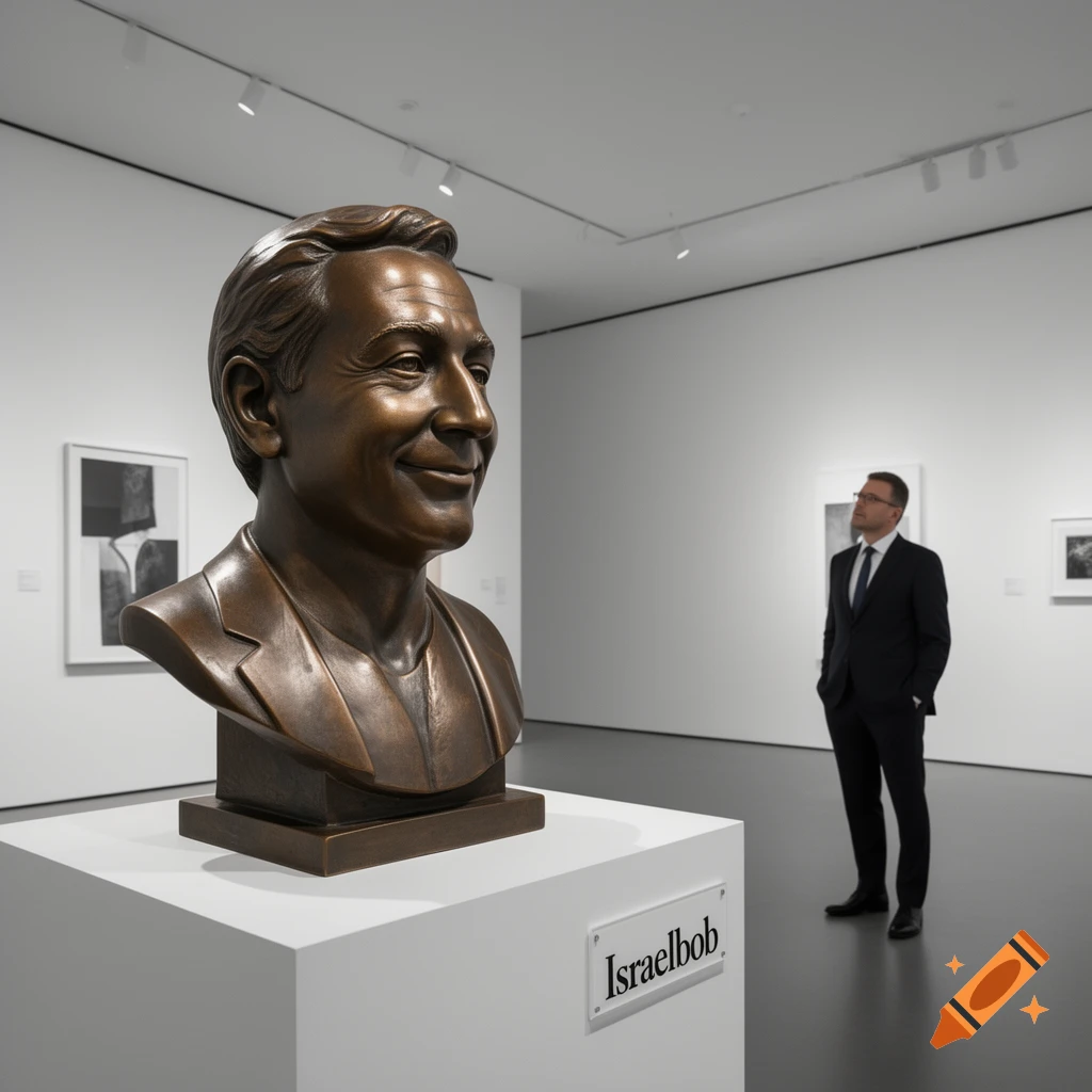 Photorealistic bronze bust of a smiling man on a pedestal in a modern art gallery, with a man in a suit viewing it.