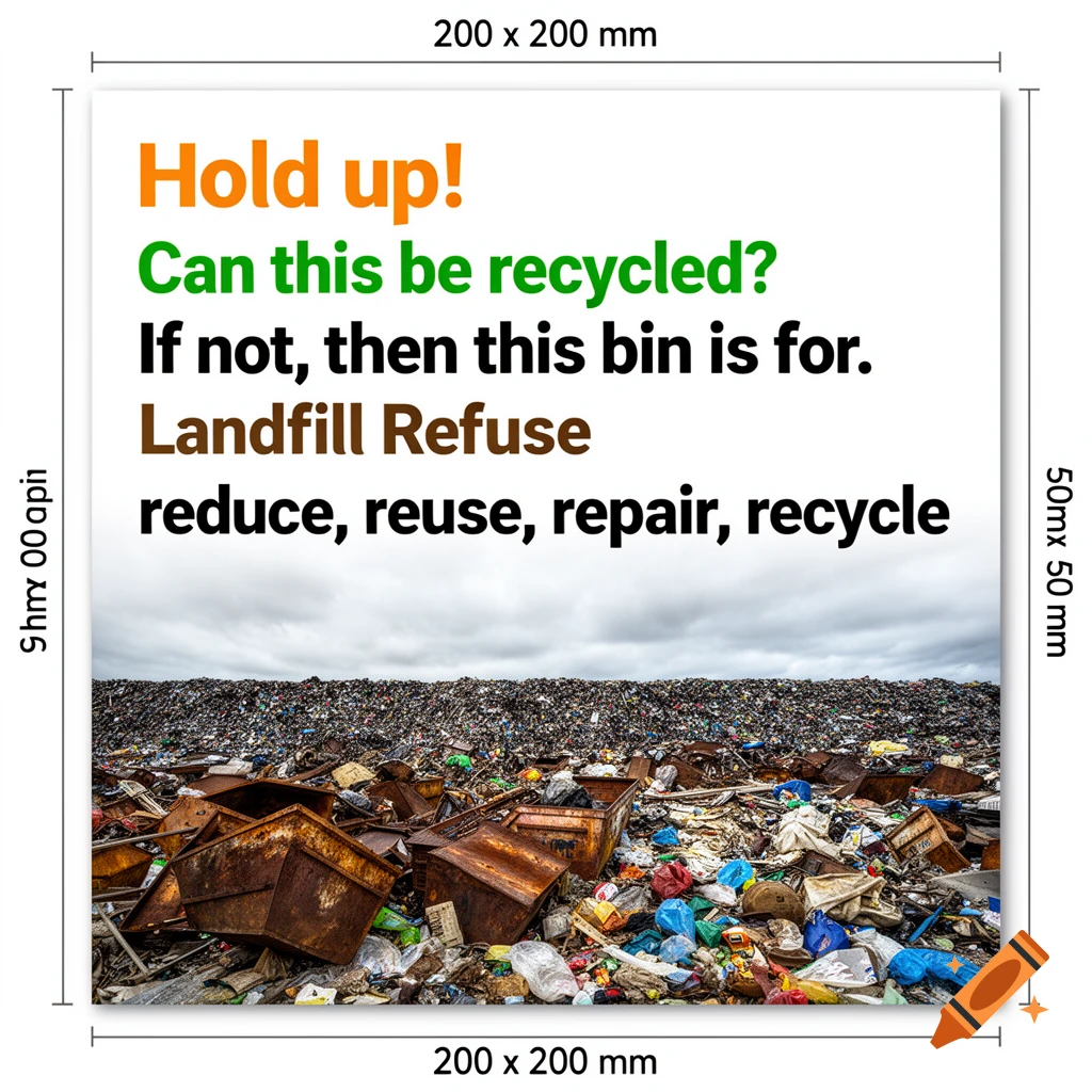 Text on a white background above a photograph of a vast landfill site filled with trash and rusty containers under a cloudy sky.