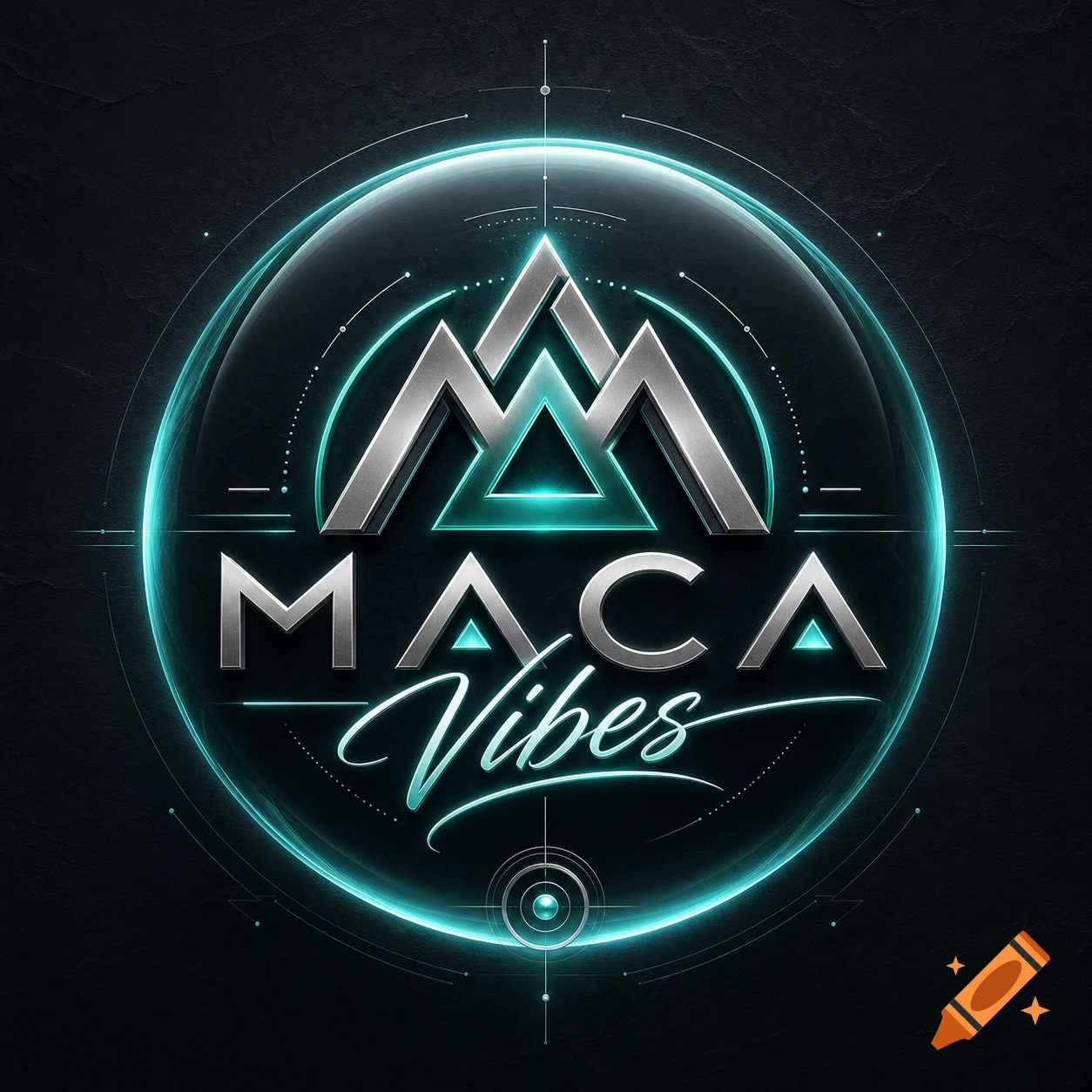 A circular logo with glowing cyan rings, metallic 3D letters spelling "MACA Vibes" with stylized mountain peaks on a dark background.