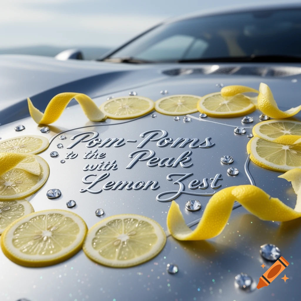 Lemon slices, lemon zest, and silver gems decorating the hood of a shiny silver car with embossed text.