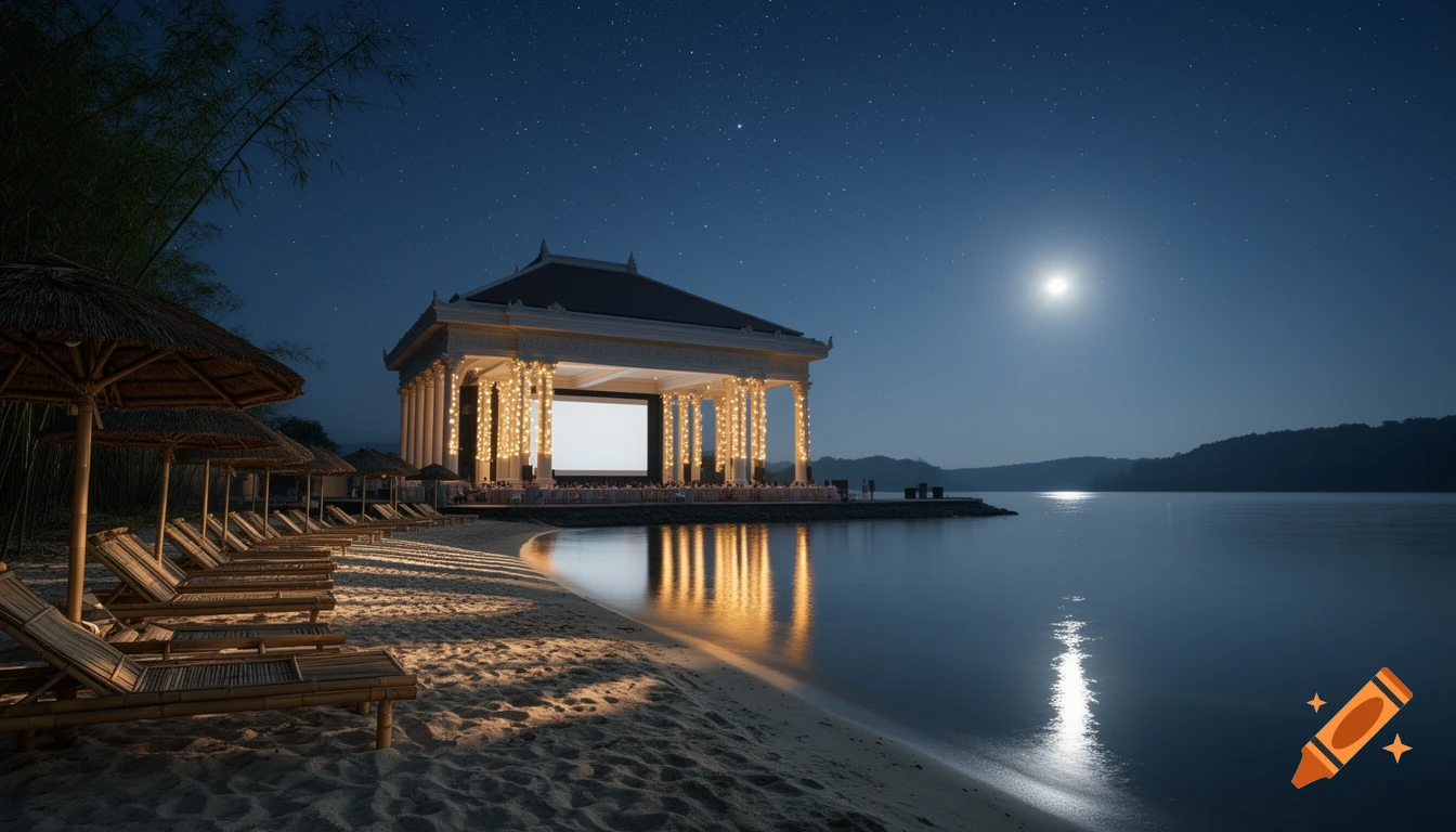 A grand pavilion cinema by a lake with a sandy beach and bamboo umbrellas under a starry night sky with a bright moon.