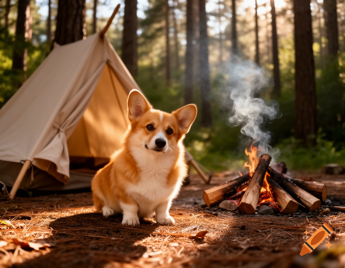 A cute corgi dog sits by a crackling campfire next to a tent in a sunlit forest.