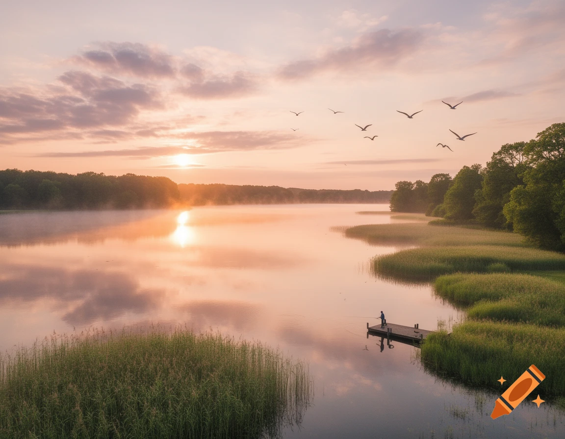 A serene lake scene at sunrise with a fisherman on a dock, mist over the water, surrounding trees, reeds, and birds flying in the sky.