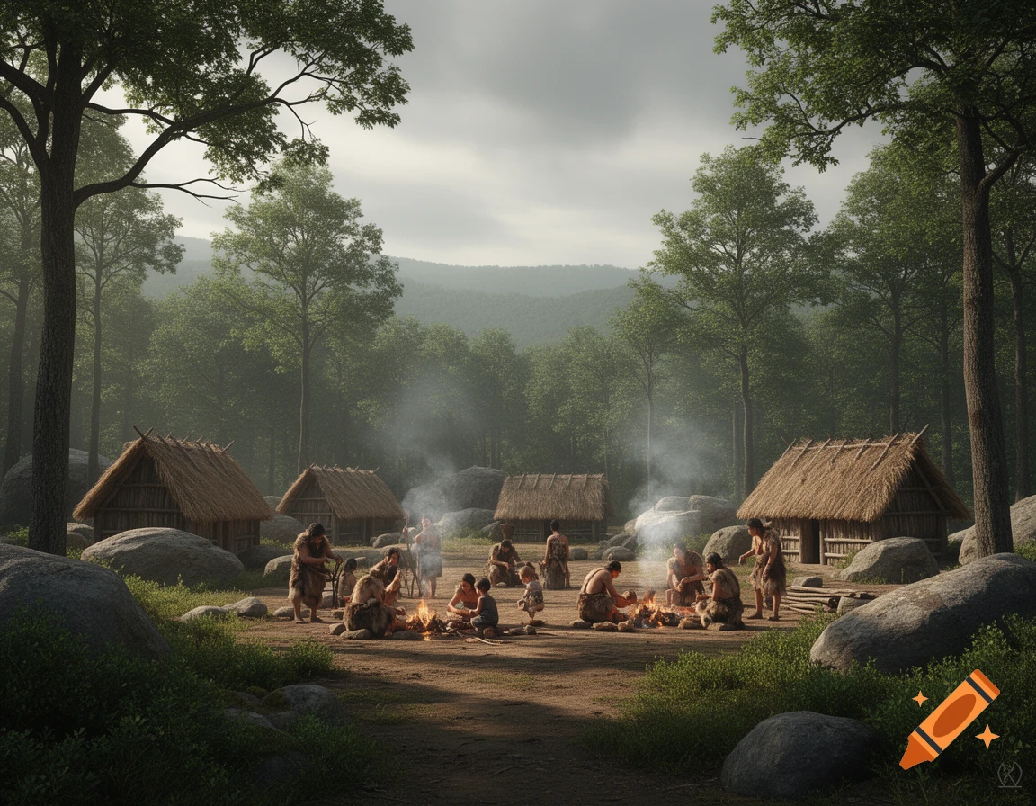 A photorealistic depiction of a prehistoric Stone Age village, with people gathered around campfires among thatched huts, trees, and large rocks.