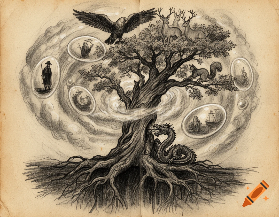 Charcoal drawing of a mythical tree with an eagle, deer, squirrel, and dragon, surrounded by dream-like vignettes, on old parchment.