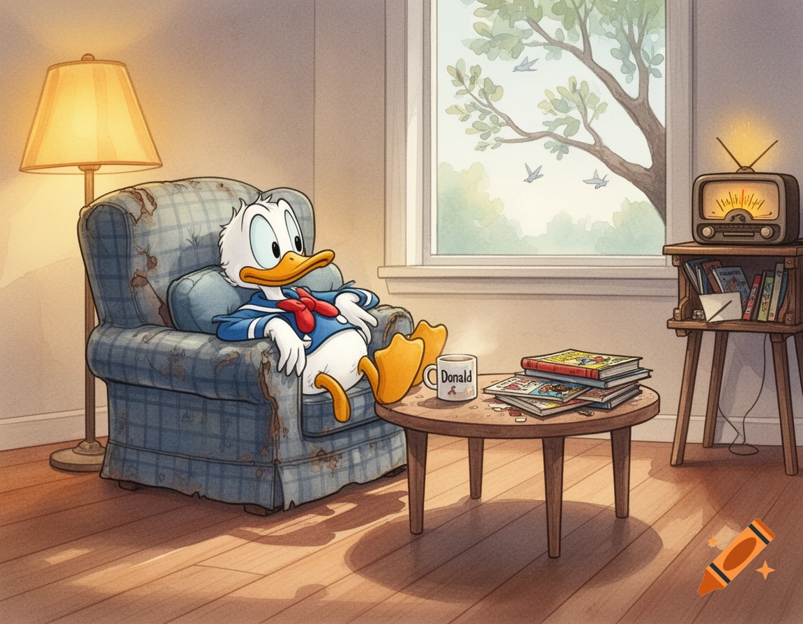 Cartoon Donald Duck relaxes in a worn armchair at home, with a mug and books on a side table.