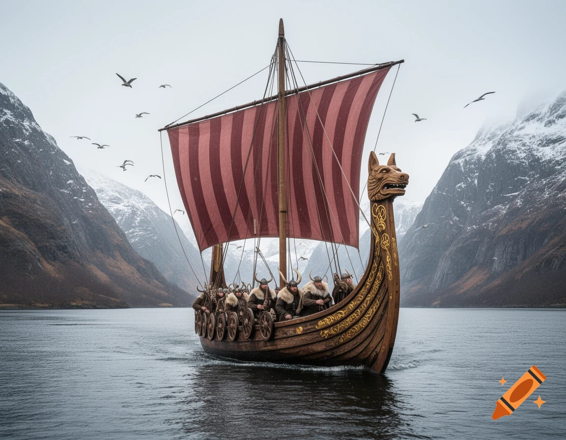 A Viking longship with a wolf head prow sails on a calm fjord surrounded by snow-capped mountains under a cloudy sky.