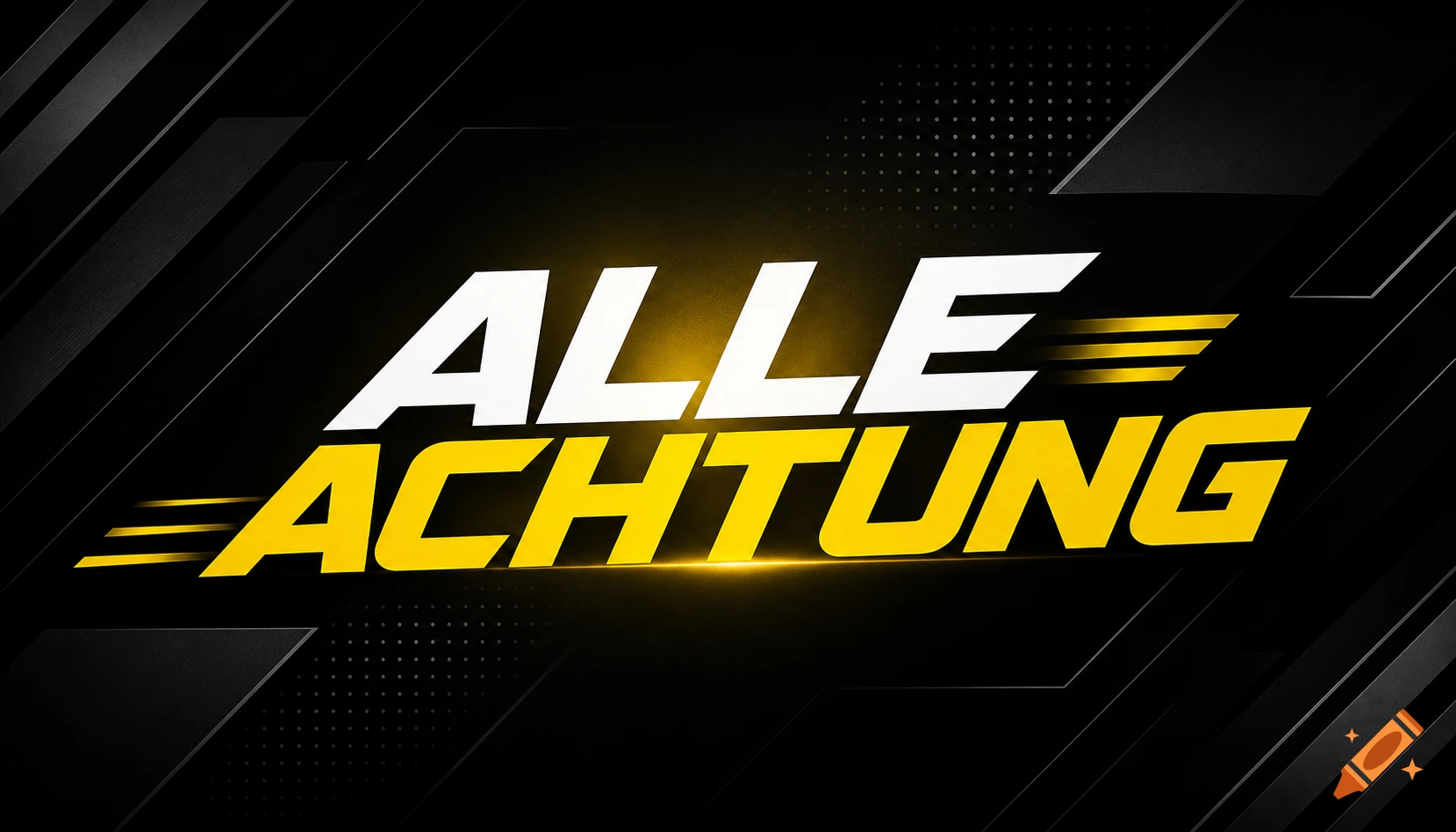 The words "ALLE" in white and "ACHTUNG" in yellow, bold, stylized text on a dark, geometric background with speed lines and a glowing effect.