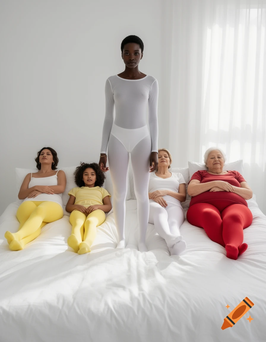 Five women of varying ages and body types, dressed in white, yellow, and red tights, are on a bed. One Black woman stands in white, while four others lie or sit beside her.
