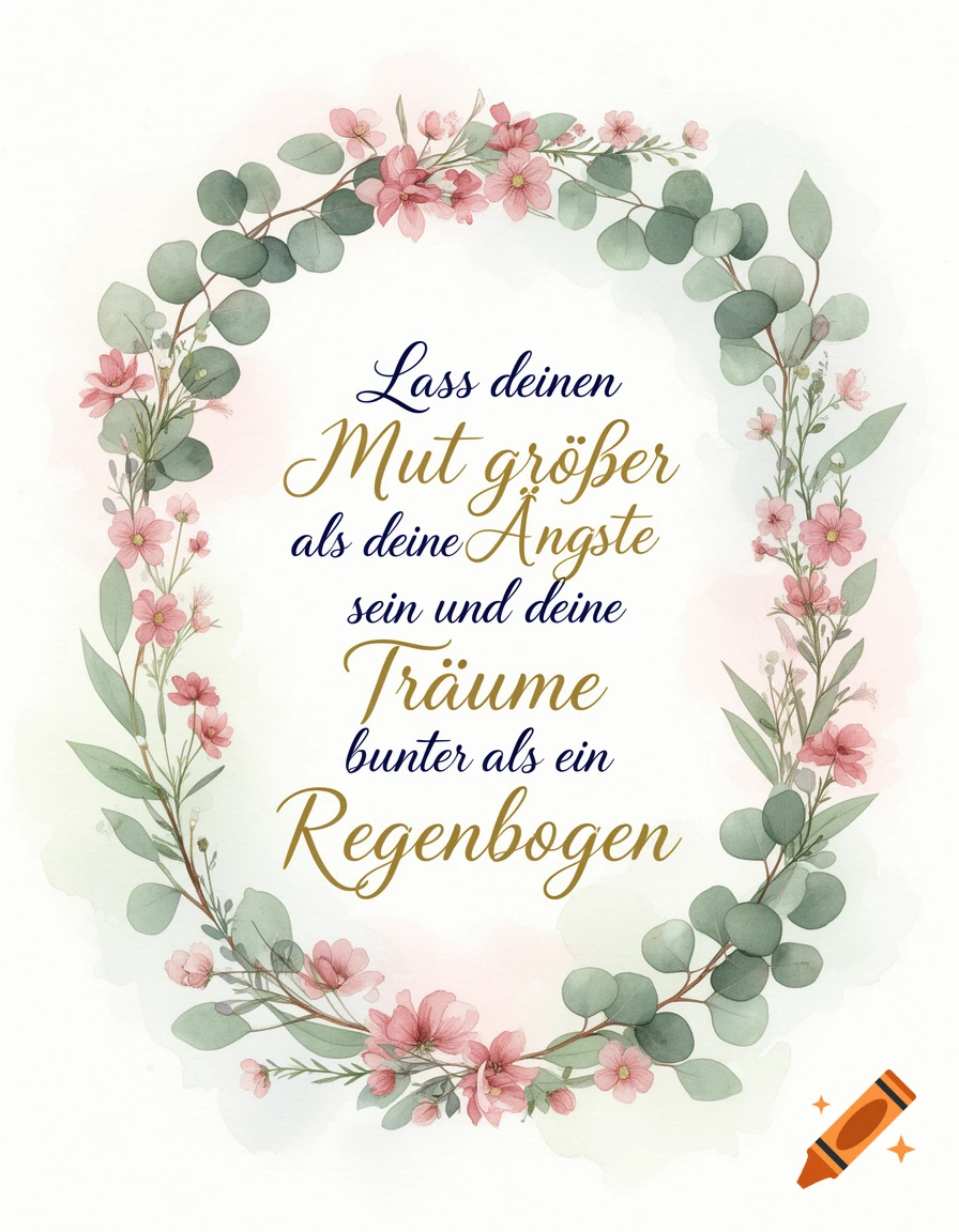 A watercolor floral wreath with pink flowers and eucalyptus leaves, framing an inspirational German quote.