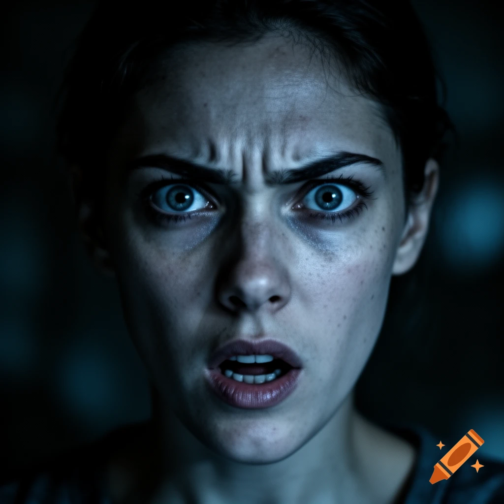 Close-up of a woman's face with wide blue eyes, furrowed brow, and open mouth, expressing shock or fear in a dark, dramatic style.