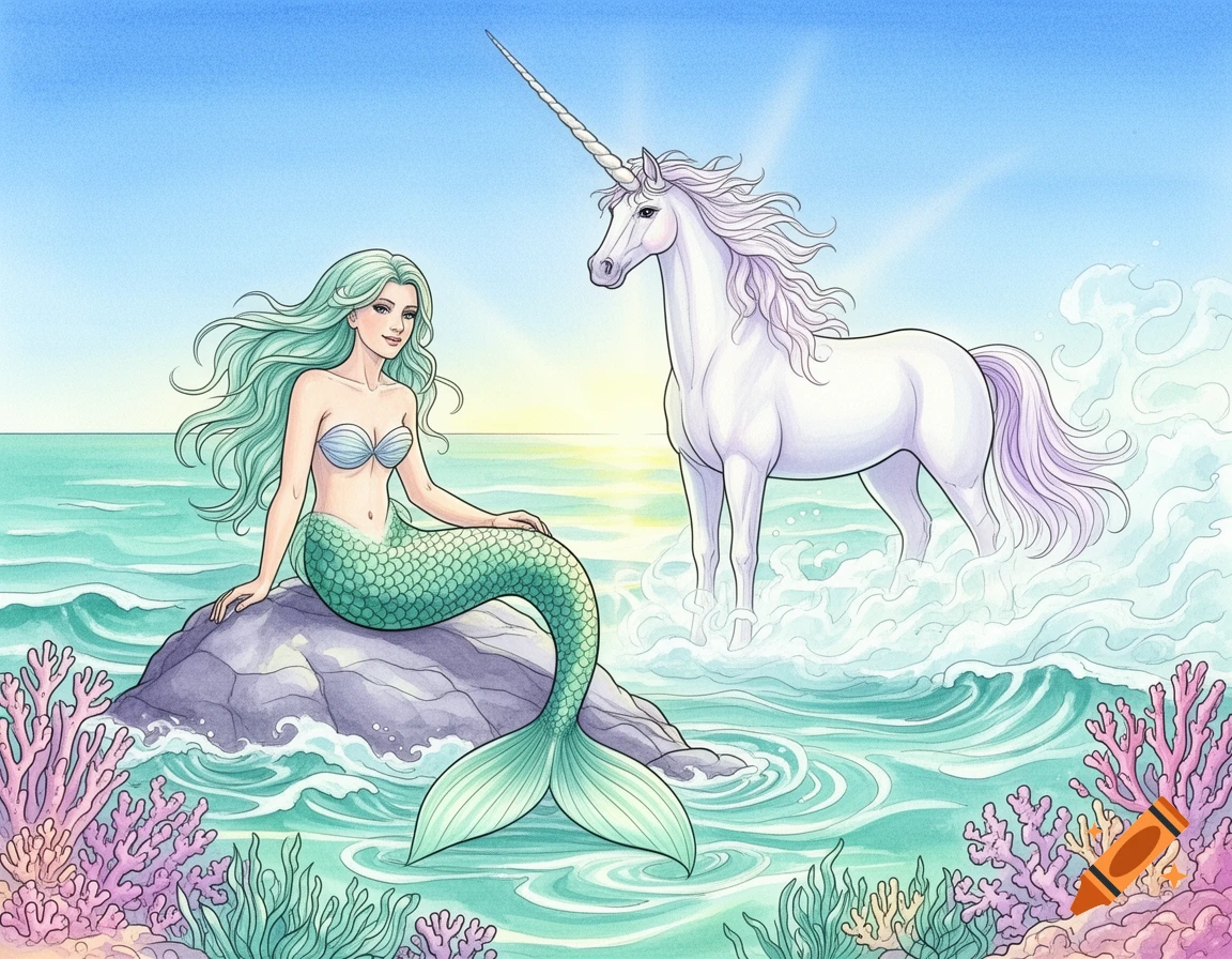 A watercolor illustration of a mermaid with green hair and tail sitting on a rock in the ocean, with a white unicorn standing nearby at sunset.