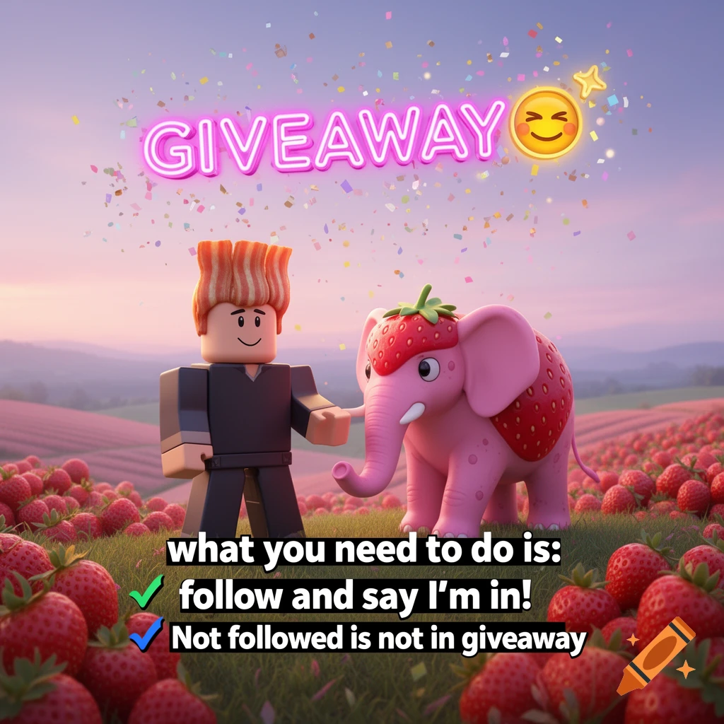 A Roblox character with bacon hair stands next to a pink strawberry elephant in a strawberry field. Above them, "GIVEAWAY" in neon text with confetti, and below, instructions for the giveaway.