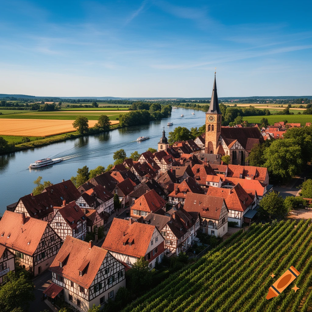 Aerial view of a picturesque European town with red-roofed houses, a prominent church steeple, a winding river with boats, and lush vineyards under a clear blue sky.