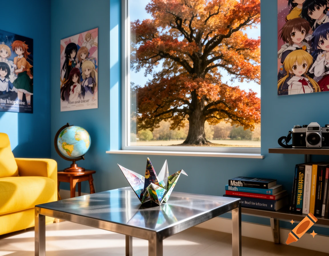 A sunlit room with blue walls, a yellow couch, and anime posters. A window reveals a large autumn tree. A metal table holds an origami crane, and a shelf contains cameras and books.