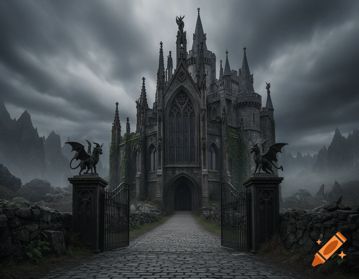 A gloomy gothic castle with spires and gargoyles on gate pillars, leading to a cobblestone path, under a dark sky with misty mountains.