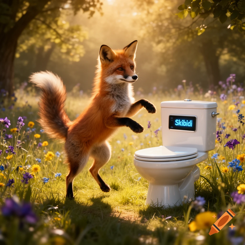 A photorealistic fox stands on its hind legs in a sunlit meadow, next to a white toilet with 'Skibidi' on a screen.