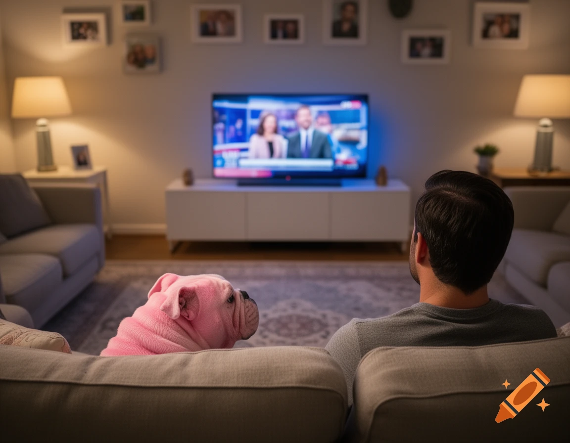 A man and a pink bulldog watch TV from behind in a cozy living room.