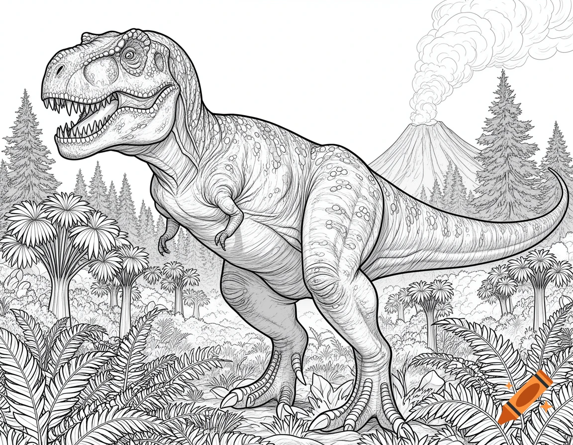 Line art coloring page of a Tyrannosaurus Rex in a prehistoric jungle with a smoking volcano.