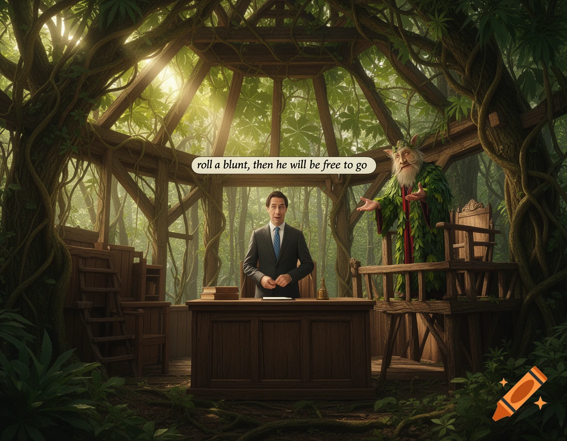 A man in a suit stands before a whimsical judge in a tree fort court, a speech bubble says 'roll a blunt, then he will be free to go'.