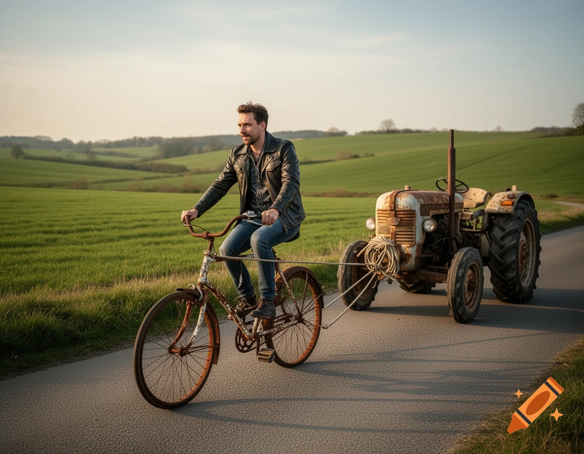 A man in a leather jacket rides a rusty bicycle, pulled by an old, rusty tractor on a rural road with green fields.