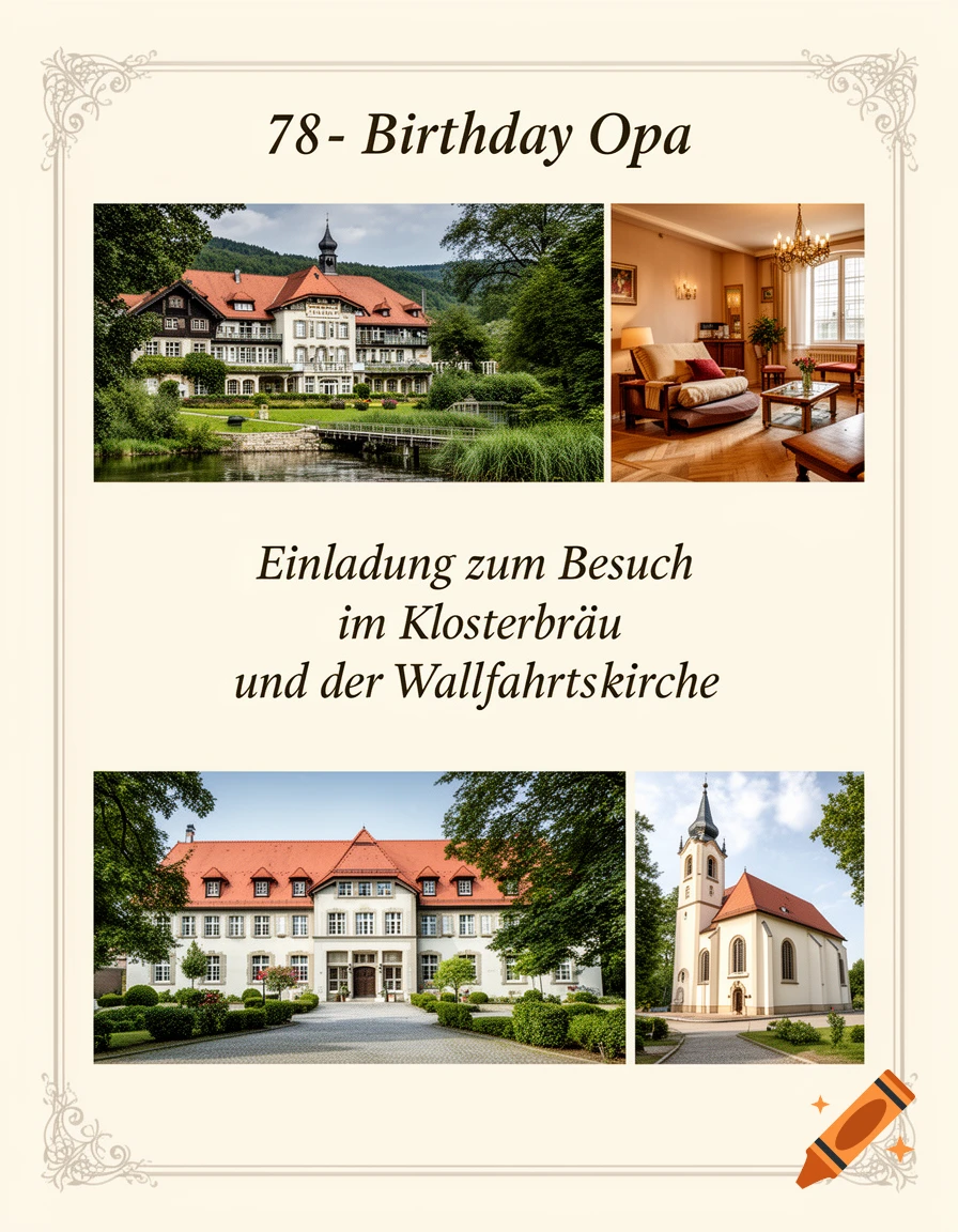 An invitation voucher for '78- Birthday Opa' featuring photorealistic images of a large hotel or monastery by a lake, a cozy interior room, and a white church with a steeple.