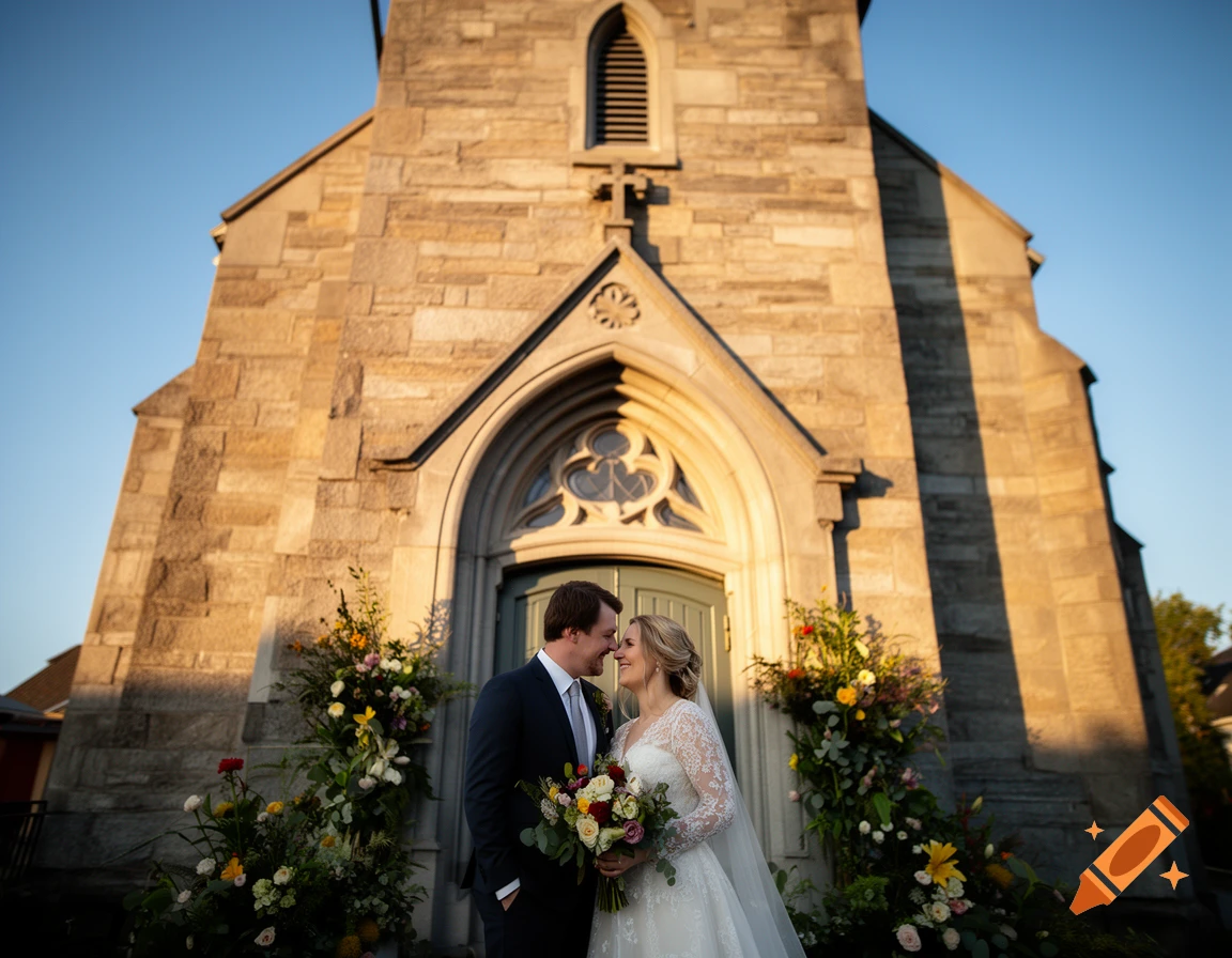 A happy bride and groom stand lovingly in front of a stone church entrance decorated with elegant floral arrangements in warm sunlight.
