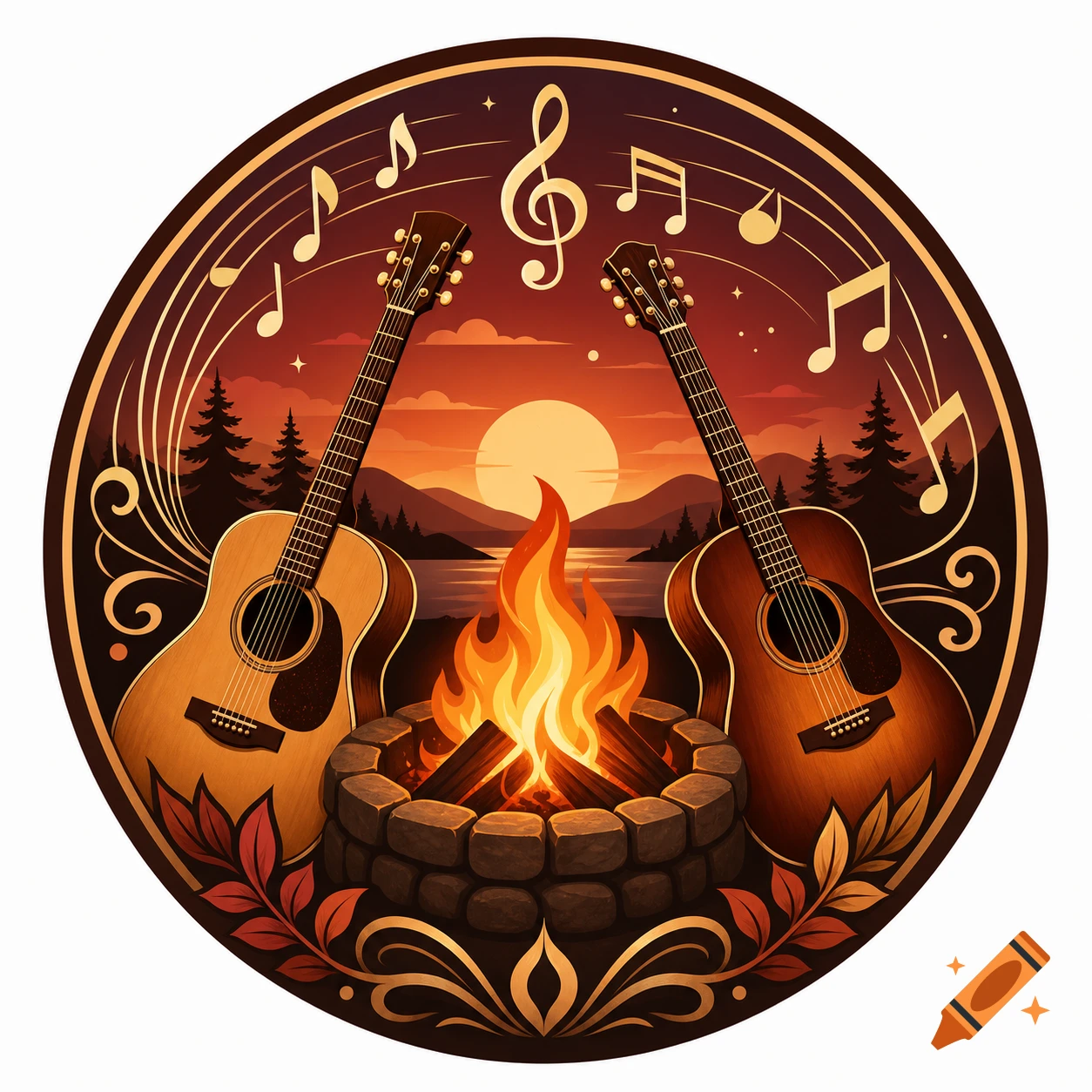 Circular logo with two acoustic guitars, a campfire, sunset over mountains, and floating music notes.