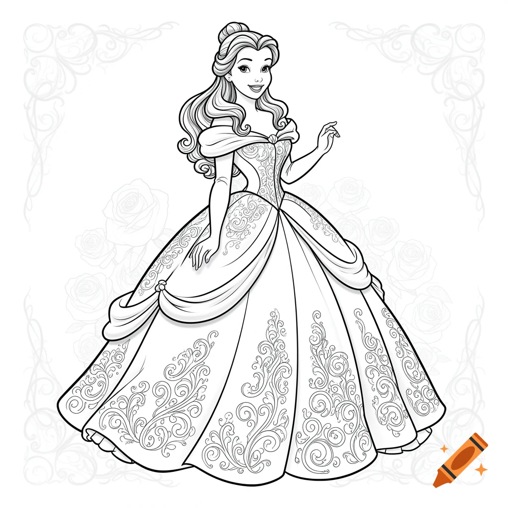 Black and white line art coloring page of Princess Belle in a detailed ball gown, smiling and standing.