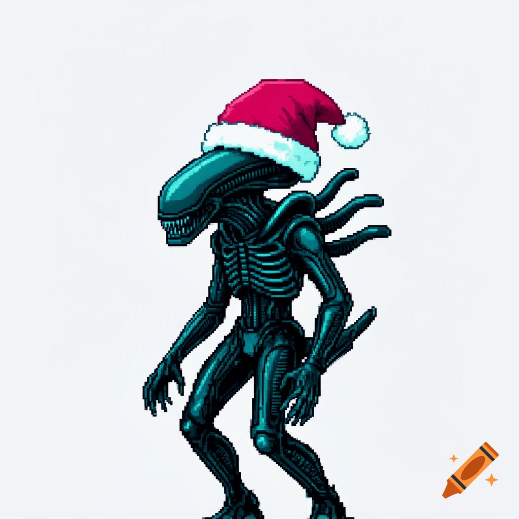 Pixel art xenomorph wearing a red Santa hat, standing against a white background.