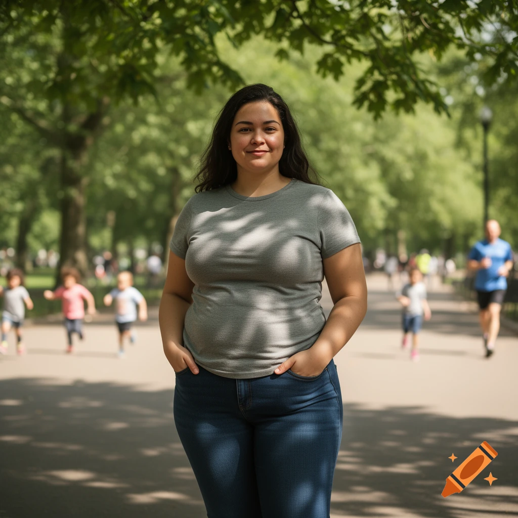 A smiling woman with dark hair stands with hands in her pockets on a path in a sunny park, with trees and blurry people in the background.