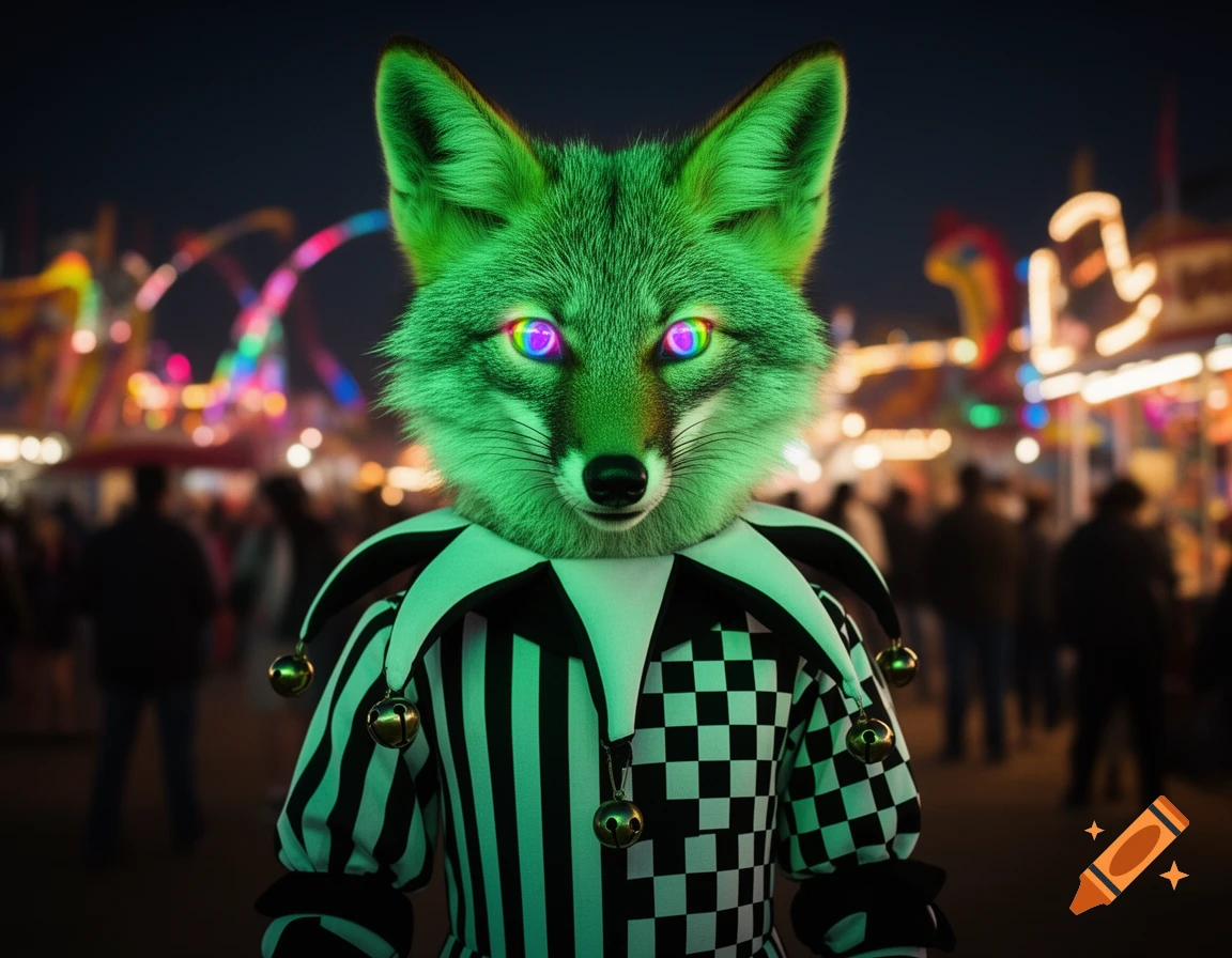 A neon green anthropomorphic jester coyote with rainbow eyes wears a black and white striped and checkered outfit at a blurry carnival at night.