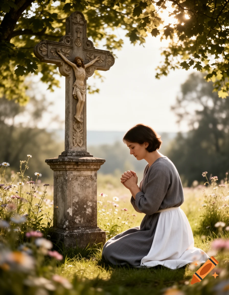 A woman kneels in a sunlit field of wildflowers, praying before a stone crucifix, in a photorealistic style.