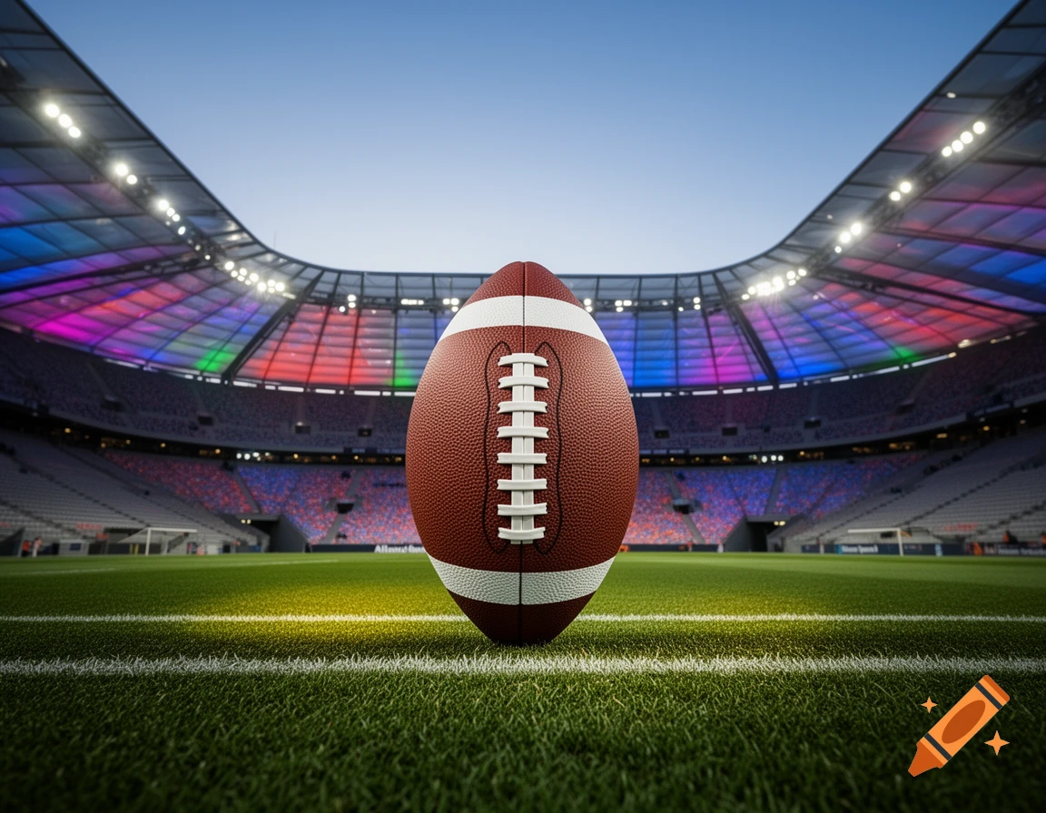 Photorealistic American football on a green field in a brightly lit stadium with colorful lights.